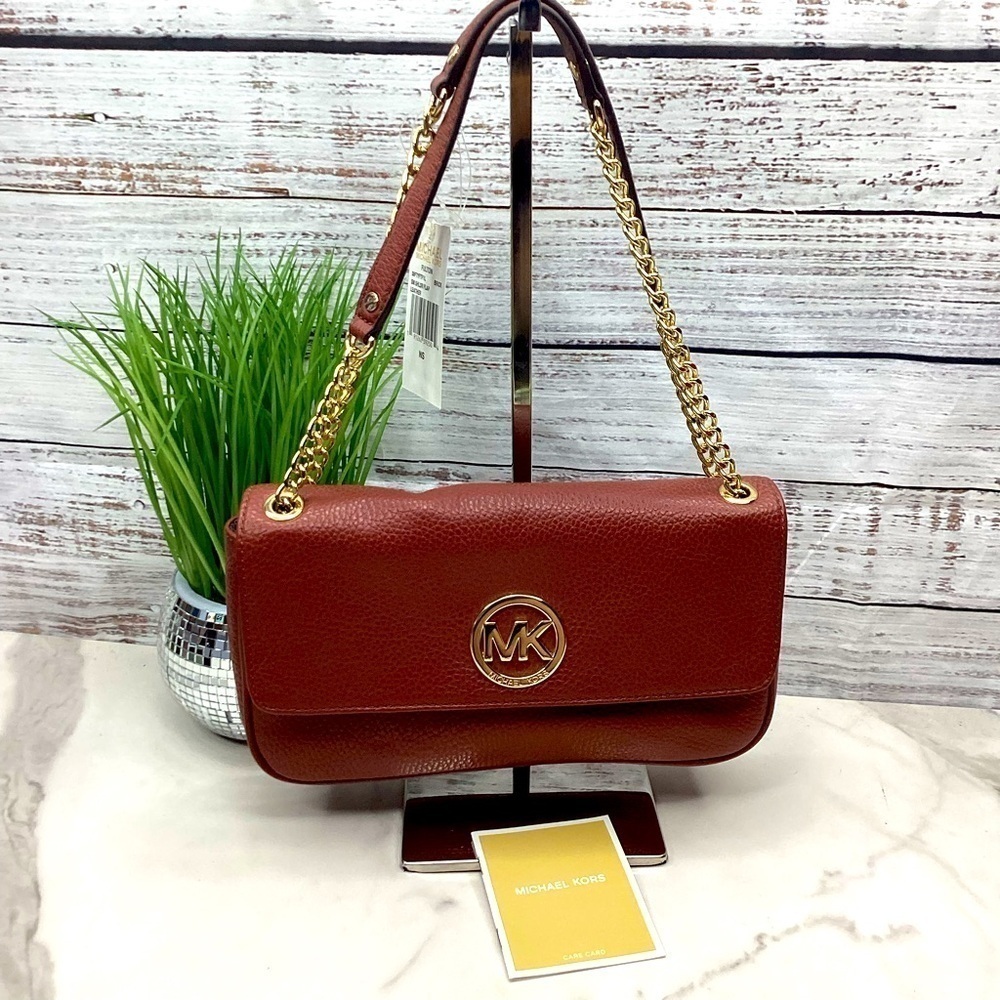 MICHAEL KORS FULTON BAG BROWN BRICK SHOULDER HAND FLAP LEATHER PURSE FALL